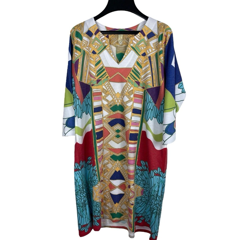 Atelier 5 By Godze Yilmaz Bold Geometric 3/4 Sleeve Kafton Dress L Art Deco